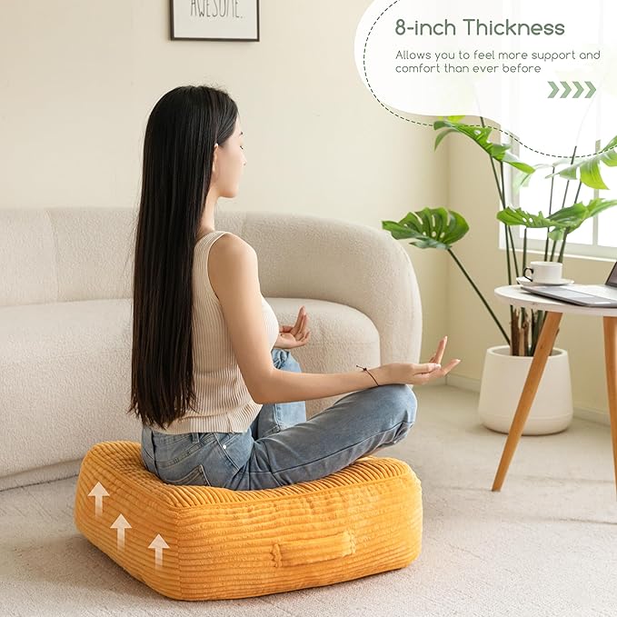 8" Washable Floor Pillow Cushion for Adults, Meditation Cushion Pillow, Large Square Floor Sitting, Removable Tufted Corduroy Cover, for Tatami Living Room or Yoga, 22x22 Inch, 2Pack, Machine Washable