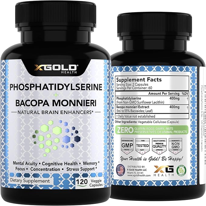 PhosphatidylSerine & Bacopa Monnieri 800 mg 2 in 1 Supplement - Natural Brain Enhancer/Nootropic for Enhanced Focus and Concentration, Memory Support, & Cognitive Function - 120 Vegetarian Capsules