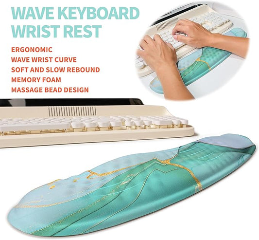2-in-1 Ergonomic Set, Wave Rise Keyboard Wrist Rest and Massage Bulge Slope Mouse Pad Wrist Support, Cushion Memory Foam Integrated to Relieve Wrist Pain, Blue Gold Marble