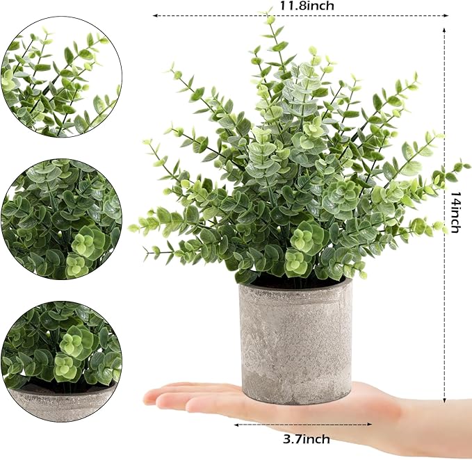 2 Pack Small Fake Plants 14" Eucalyptus Potted Artificial Plants for Shelf Desk Home Bathroom Farmhouse Room Coffee Table Decor (Sage Green-Large)