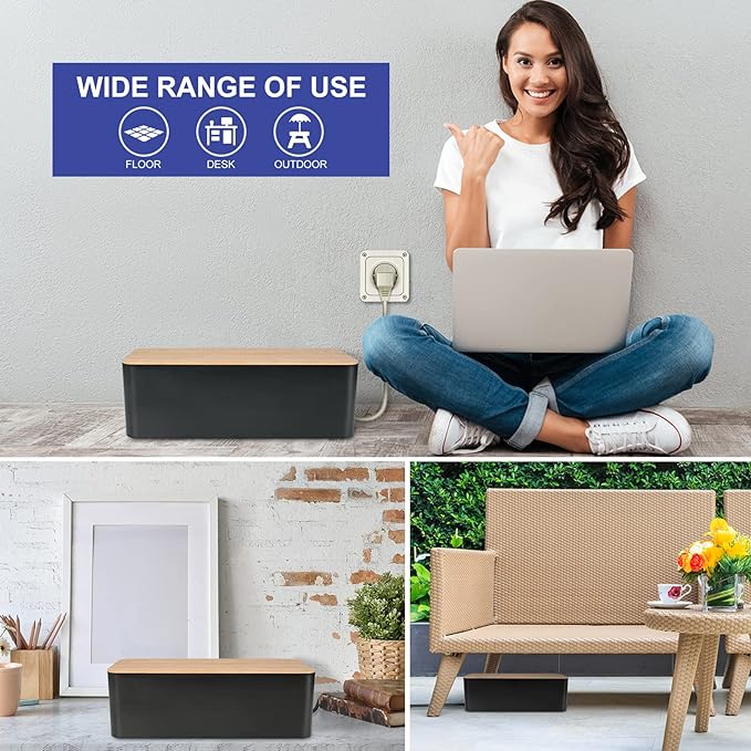 Cable Management Box - Wooden Style Cord Organizer Box to Hide Wires & Power Strips | Desk Computer Cable Organizer Box | Safe ABS Material | 12.6" (L) x 5.3" (W) 4.9" (H) | for Home & Office - Black