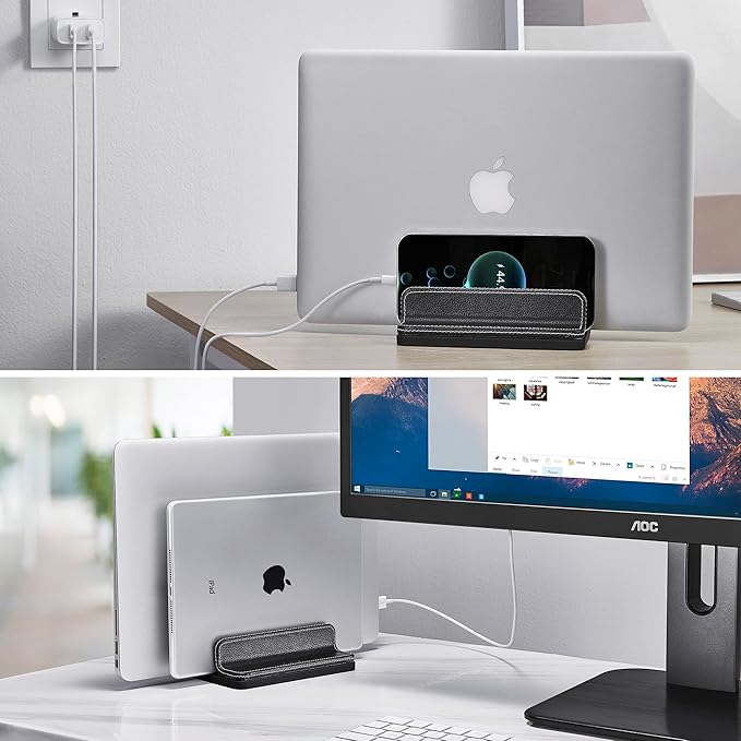 Leather Vertical Laptop Stand,Dual Laptop Holder Stand,Laptop Organizer with Adjustable Dock (18-26mm/0.7-1 in) for All MacBook/Tablet/Surface/Dell/iPad (Black)