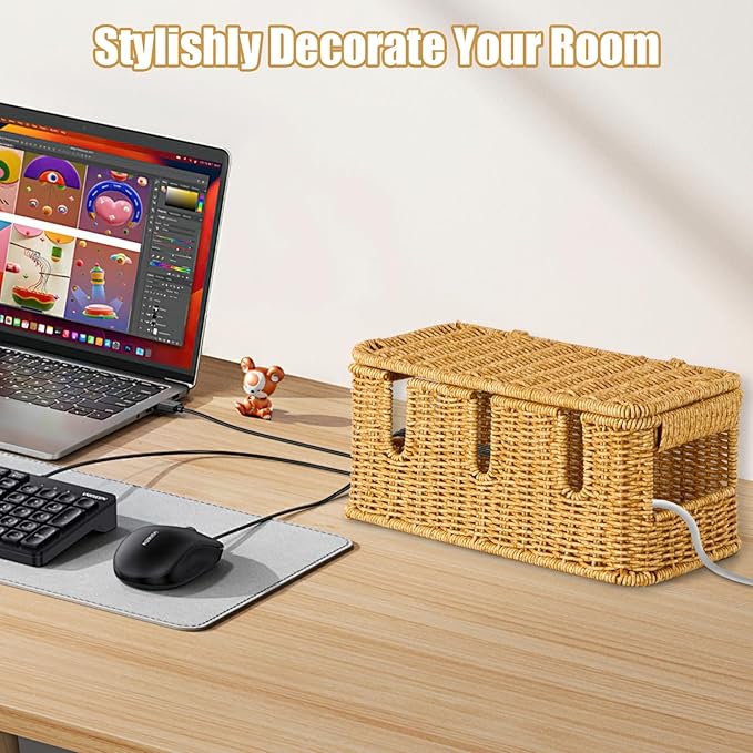Handmade Cable Management Box,Imitation Rattan Cord Organizer with Lid,Extra 3 Open Slots Cord Hider for TV Wires Computer Router USB Hub,Cable Organizer Box to Hide Cords and Power Strips