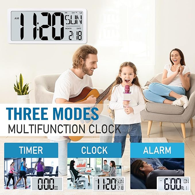 TXL 18.44" Large Amotic Digital Wall Clock with Backlight, Battery Operated Alarm Clock with Day, Date & Temperature, Jumbo Display Digital Count Up Down Timer Clock for Hoom,Classroom Room,Office