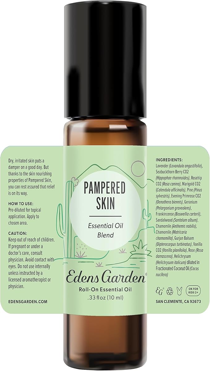 Edens Garden Pampered Skin Essential Oil Roll-On Blend- 100% Pure Premium Grade, Natural, Therapeutic, Aromatherapy, Kid & Skin Safe, The Best for Body, Face, Wellness Pre-Diluted 10 ml (.33 fl oz)
