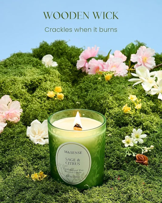 M&SENSE Sage Citrus Scented Candle, Wooden Wick Candle, 100 Hours Slow Burning Natural No Toxin Soy Wax 18oz, Stress Relief Relaxing Meditation Home Fragrance,Housewarming Gifts for Men Women
