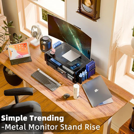 Simple Trending 2 Tier Metal Monitor Stand Monitor riser and Computer Desk Organizer with Drawer and Pen Holder for Laptop, Computer, iMac, Black