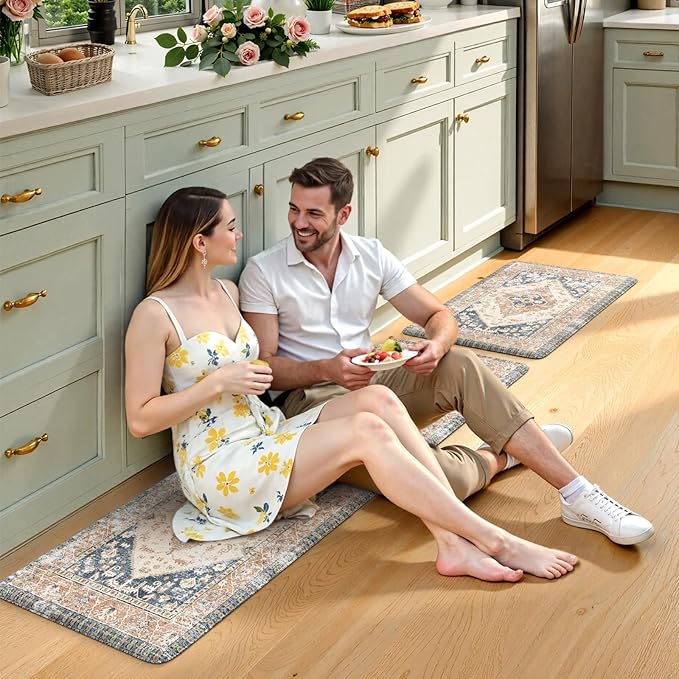 KIMODE Anti Fatigue Kitchen Mat 2PCS,Non-Skid Waterproof Kitchen Rugs,Farmhouse Kitchen Mat for Floor,Cushioned Comfort Foam Standing Mat for Floor,Office,Sink,Desk,Laundry,Mutil-Blue