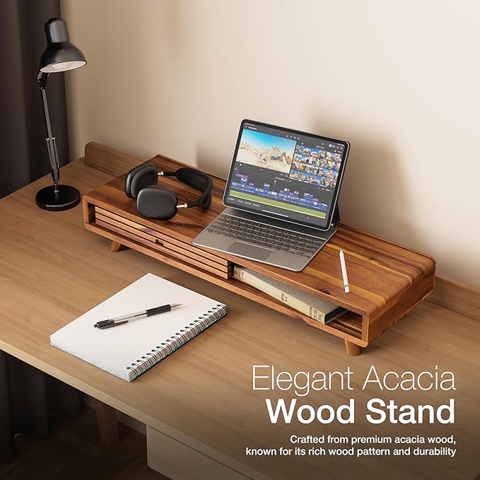Tinamo Acacia Monitor Stand Riser with Sliding Door - Wooden Monitor Riser for Desk - Computer Monitor Stand for Desk - Multi-Purpose Desktop Storage Stand for Computer; Laptop; TV(24.4 " x 8" x 5")