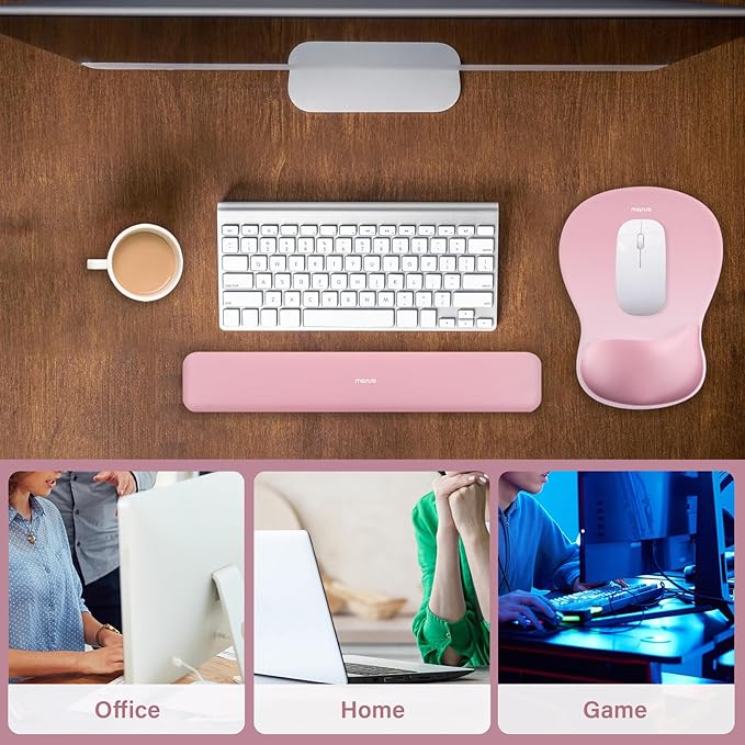 MOSISO Wrist Rest Support for Mouse Pad&Keyboard Set, Ergonomic Mousepad with Concave Curved Memory Foam, Non-Slip Base Pain Relief Comfortable Rectangular Easy Typing Pad for Home/Office, Pink