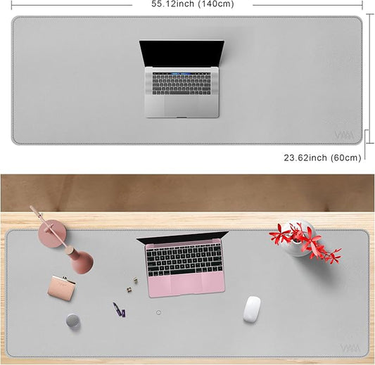 VYAAA Leather Desk Mat, 55"×24" Large Mouse Pad, Desktop Protector for Desk, Multifunctional Keyboard Mouse Pad for Home or Office (Light Gray)