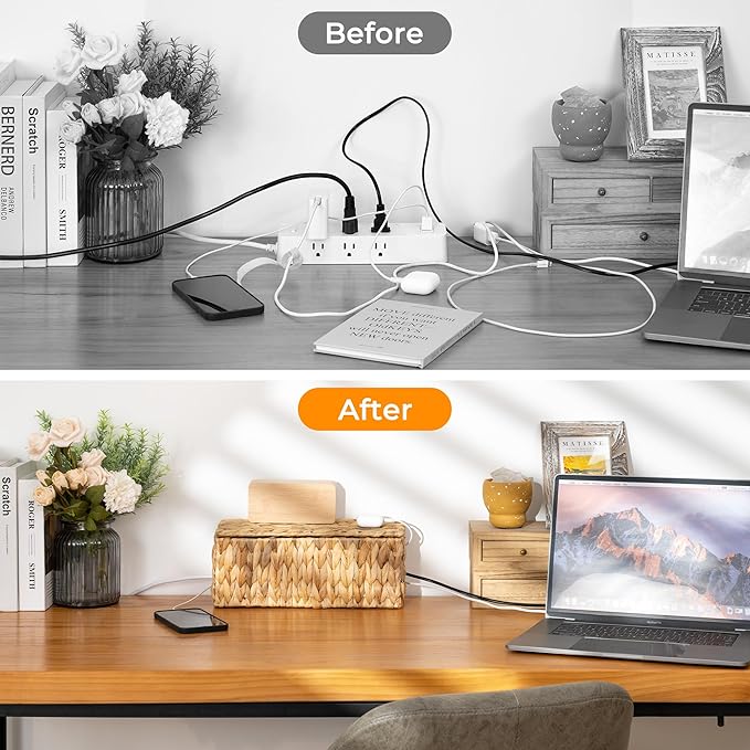 StorageWorks Cable Management Box, 2 Slots Wicker Cable Organizer to Hide Cords and Power Strip, Water Hyacinth Cord Hider Box for Home & Office