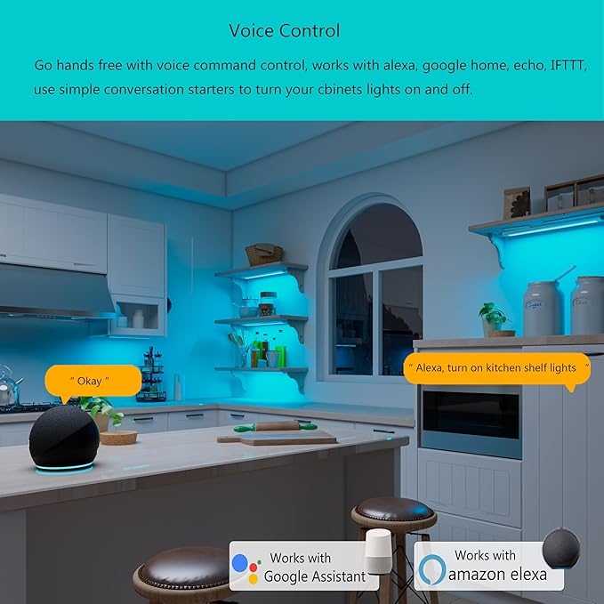 Smart Under Cabinet Lighting Strip Lights White & Color Changing Dimmable Work with Alexa Google Smart Thing Phone App, RGB Multi Colored Lamp for Kitchen Counter Light Fixture (6 Lights Bar Kit)