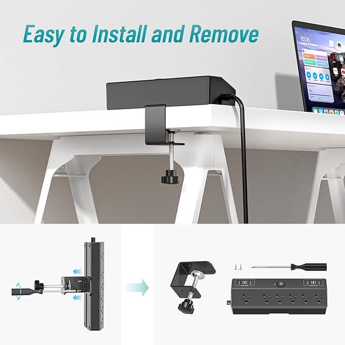 Desk Clamp Power Strip with 40W Fast Charging Station, JXGUCAT 10ft Flat Plug Power Strip Surge Protector, 2 USB-C Ports, 6 AC Outlets, Fit 2.48" Tabletop Edge, Home Office Desk Accessories Essentials