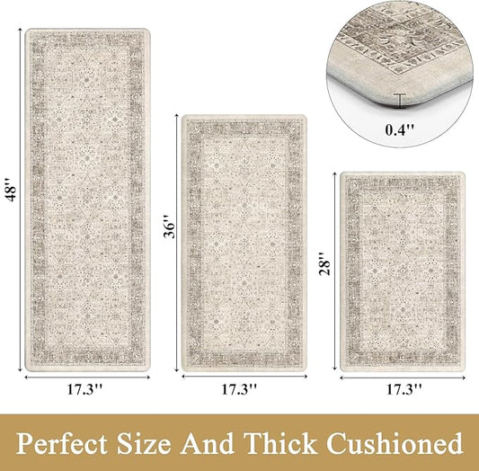 Pauwer Anti Fatigue Kitchen Mat Set of 3 Non Slip Kitchen Mats for Floor Cushioned Kitchen Rugs Comfort Standing Mat Farmhouse Waterproof PVC Foam Kitchen Floor Mat Runner, Khaki
