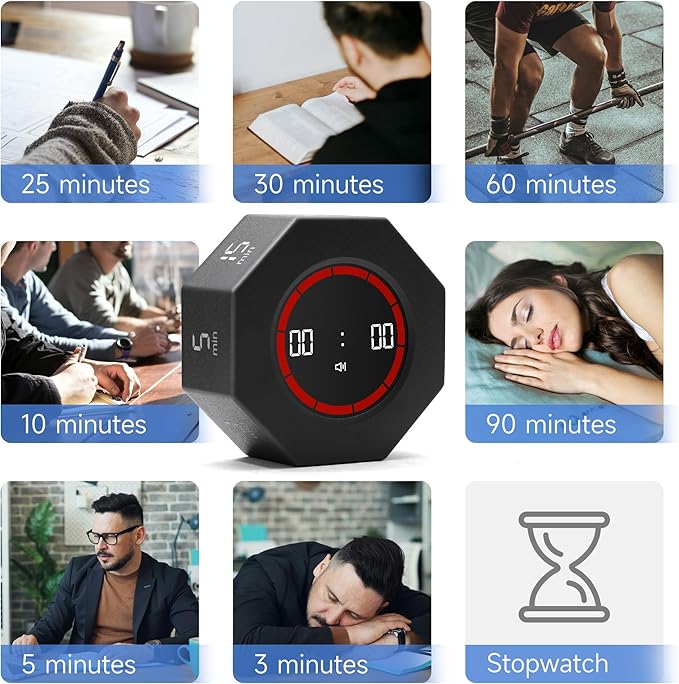 Visual Countdown Timer 1,3,5,15,30,60,90 Minutes Preset, Desk Productivity Cube w/Gravity Sensor for ADHD, Mute Functions, Ideal for Work, Study, Kitchen, Back to School (1, Black)