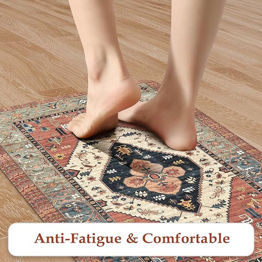 KIMODE Anti Fatigue Kitchen Mats,Boho Vintage Kitchen Rugs Sets of 2,Non Slip Waterproof Kitchen Floor Mats,Ergonomic Cushioned Comfort Standing Mat for Laundry,Office,Sink,Desk, Red
