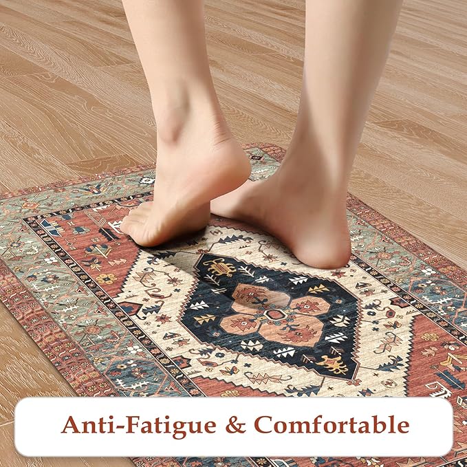 KIMODE Anti Fatigue Kitchen Mats for Floor,17.3" x 29" Vintage Red Cushioned Kitchen Rugs,Non-Slip Waterproof Kitchen Sink Standing Mat Wipe Clean for Kitchen Floor