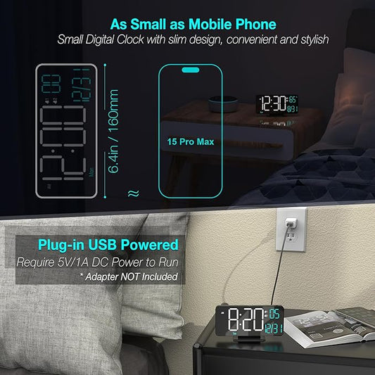 KOSUMOSU Digital Clock for Bedroom 6.7in Small Digital Alarm Clock Black, Dimming,12/24h,Date,Day of Week, Indoor Temperature,Desk Clocks for Classroom, LED Clocks for Living Room, Digital Calendar