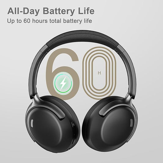 LORELEI QC30 Hybrid Active Noise Cancenlling Headphones,Wireless Over Ear Bluetooth Headsets with Microphone, 60H Playtime Foldable Lightweight, Deep Bass, Memory Earmuffs (Space Black)