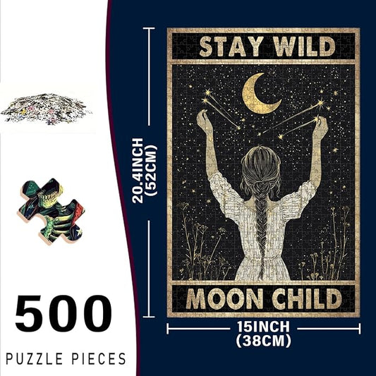 500 Piece Wooden Moon Girl Stay Wild Moon Child Jigsaw Puzzle Adults Humorous Challenge for Stress Relief & Brain Exercise 20.4x15 Inch
