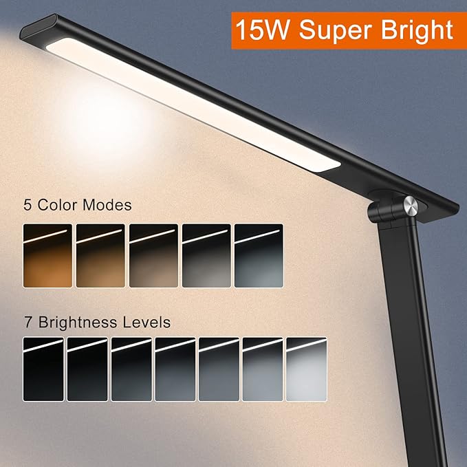 AFROG 5th Gen Multifunctional LED Desk Lamp with 10W Fast Wireless Charger, USB Charging Port,1800Lux Super Bright,5 Lighting Mode,7 Brightness, Touch Control, Auto Timer, 15W Office Table Lamp