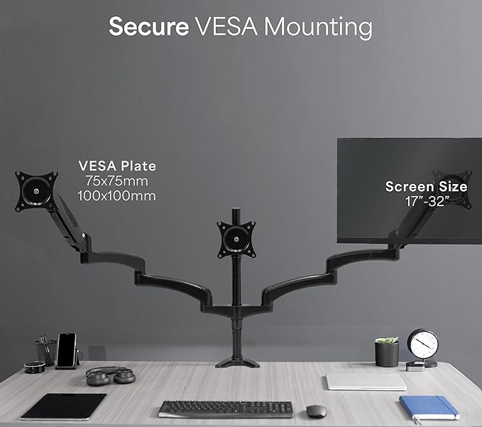VIVO Triple Pneumatic Monitor Mount for 3 Screens up to 32 inches, Fully Adjustable, Heavy Duty Desk Stand with C-Clamp Grommet, Black, STAND-V300G