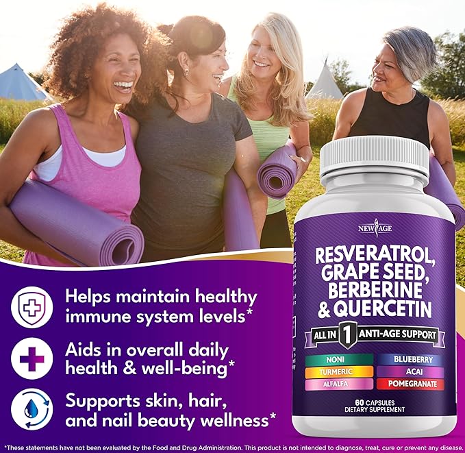 NEW AGE Resveratrol, Berberine, Grape Seed Extract, Quercetin, Polyphenol Supplement for Women and Men with Noni Extract, N-Acetyl Cysteine, Acai Extract - 180 Capsules