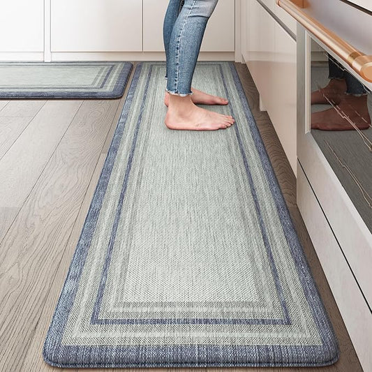 KIMODE Anti Fatigue Kitchen Mat 2PCS,Non-Skid Waterproof Kitchen Rugs,Farmhouse Kitchen Mat for Floor,Cushioned Comfort Foam Standing Mat for Floor,Office,Sink,Desk,Laundry,Blue and Gray
