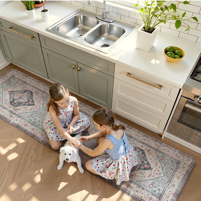 KIMODE Anti Fatigue Mat for Kitchen Floor, Boho Oriental Kitchen Runner Rug, Non Slip Waterproof Kitchen Rug, Vintage Kitchen Mat for Floor, Laundry, Office, Sink, Desk Blue 20"x71"