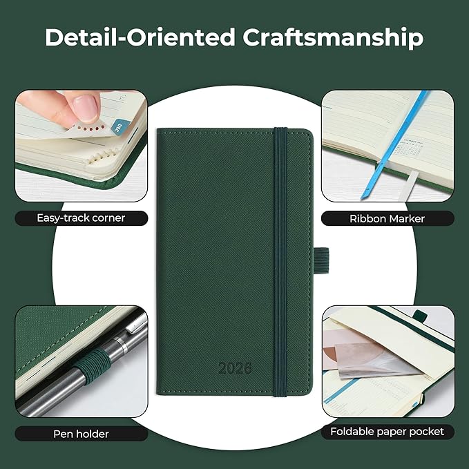 Weekly Monthly 2026 Planner (Jan.26-Dec.26),6.5"x3.75",12 Months Agenda Plan with Month Tabs & Pocket,Expenses/Note Pages, Appointment Book Calendar with Hardcover Vegan Leather Cover,Green