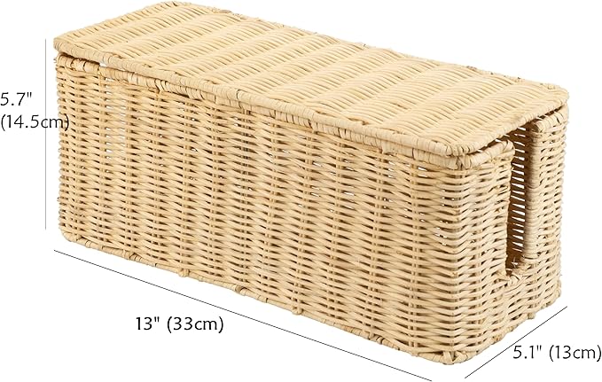 PEMAR Natural Rattan Wicker Cable Management Box, Cable Organizer, 2 Open Slots, Under Desk Cord Organizer, Cover & Hide Power Strips for TV Desk, Computer, Router, USB Hub (Bright Natural Color)