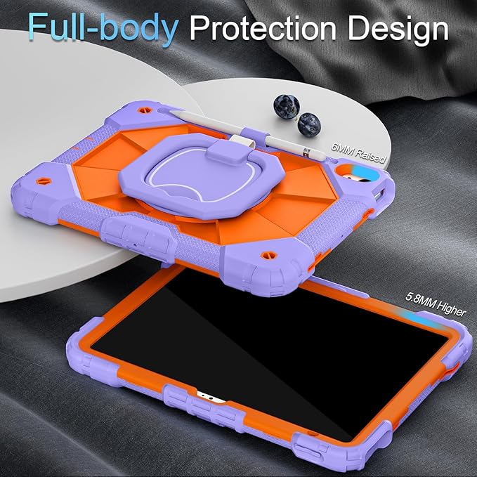 Case for iPad (A16) 11th/10th Generation 2025/2022,Kids Friendly 10th Gen iPad Case with Screen Protector 360° Rotating Stand,Heavy Duty Shockproof Cover for i Pad 11.0/10.9,Purple Orange