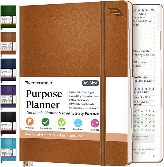 Roterunner Purpose Planner Notebook A5 5.8”x8.3” Undated 2025 Daily Weekly and Monthly Productivity Goal Setting Tool for Work Home ADHD Planner for Adults Self Care Journal (Tan Softcover)