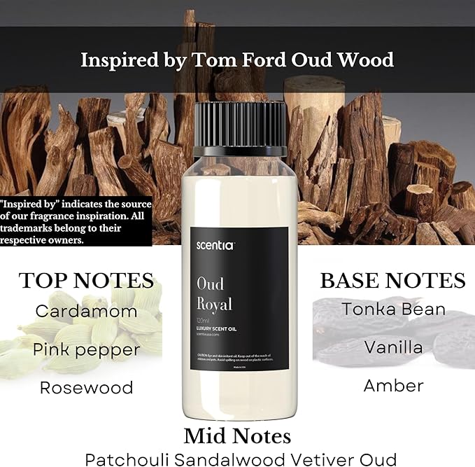 Diffuser Oil Inspired by TF's Oud Wood Perfume, Scentia Oud Royal Fragrance Oil, Perfume Dupe, Aromatherapy Essential Oil Fragrance Set for Ultrasonic, Cold Diffusers, Candle Making 50 mL, 1.67Fl Oz