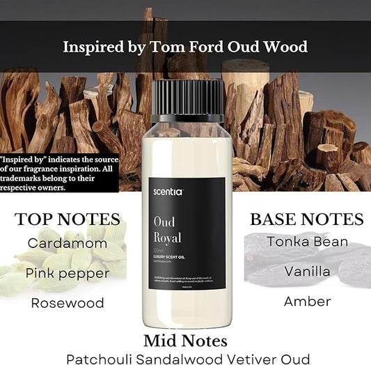 Diffuser Oil Inspired by TF's Oud Wood Perfume, Scentia Oud Royal Fragrance Oil, Perfume Dupe, Aromatherapy Essential Oil Fragrance Set for Ultrasonic, Cold Diffusers, Candle Making 50 mL, 1.67Fl Oz