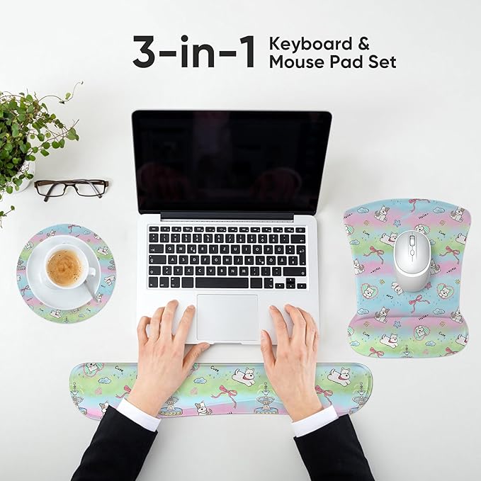RICHEN Mouse Pad and Keyboard Wrist Rest, 3-in-1 Computer Mousepad and Coaster Set, Non-Slip Keyboard Wrist Rest and Mouse Pad Set Ergonomic Design (Dogs)