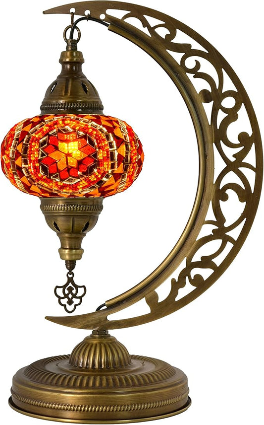 mozaist Turkish Mosaic Crescent Shape Table Lamp, Moroccan Moon Boho Handmade Desk Light, Farmhouse Rustic Living Room Decorative Lighting, Bedside Nightstand with E12 Socket & US Plug (Orange & Red)