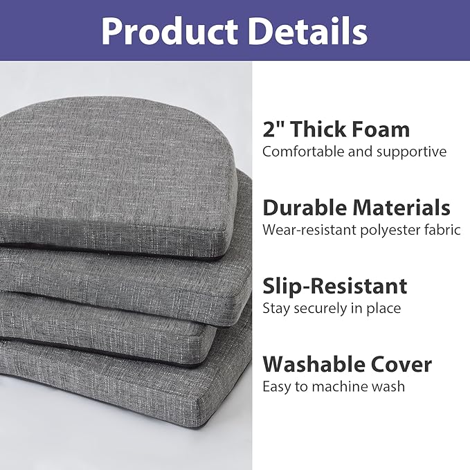 Chair Cushions for Dining Chairs with Ties and Removable Cover, Dining Kitchen Chair Pads with Non-Slip Bottom, High-Resilience Indoor Seat Cushions, 16'' x 16'' x 2'', Set of 2, Dark Grey
