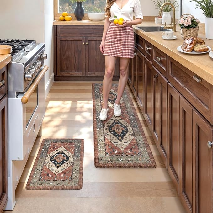 KIMODE Anti Fatigue Kitchen Mats for Floor, Red Boho Distressed Kitchen Rugs Sets of 2, Non Slip Waterproof Kitchen Floor Mats, Comfort Mats for Kitchen Floor Sink Laundry Desk 20"x59"+20"x32"