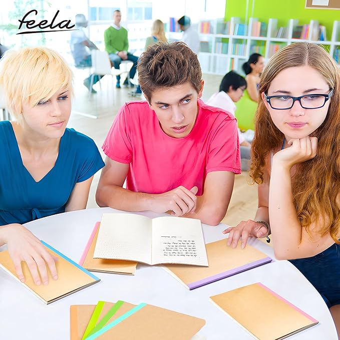 feela 16 Pack Composition Notebook Bulk, Kraft Cover Lined Blank College Ruled Travel Journals with Pastel Color Spine For Women Students Office, 60 Pages, 8.3”x 5.5”, A5, 8 Pastel Colors