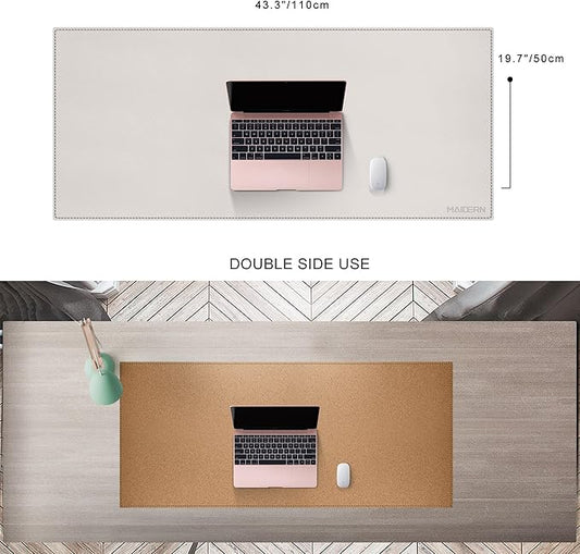 MAIDERN 43.3βx 19.6β Leather Desk Mat, Large Desk Pad, Cork & Leather Large Mouse pad for Desk, Waterproof Computer Desk Mat for Gaming Home Office (Cream)
