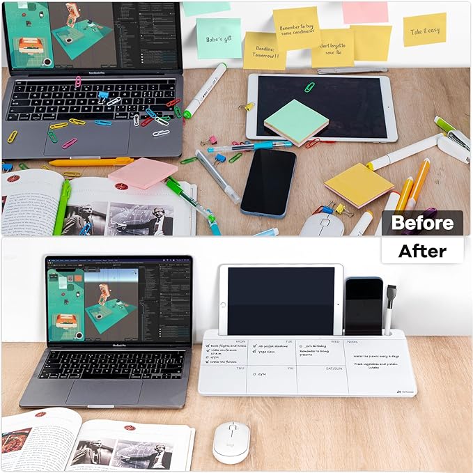 Varhomax Glass Weekly Dry Erase Desk White Board, Desktop to Do List Planner Whiteboard Calendar with Storage Caddy Memo for Home and Office, White