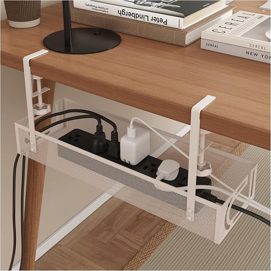 Under Desk Cable Management Tray - Management Organizers Holder, Management Under, No Drill to Desk Cable Raceway, Under Storage for Office, Kitchens, Home (White)