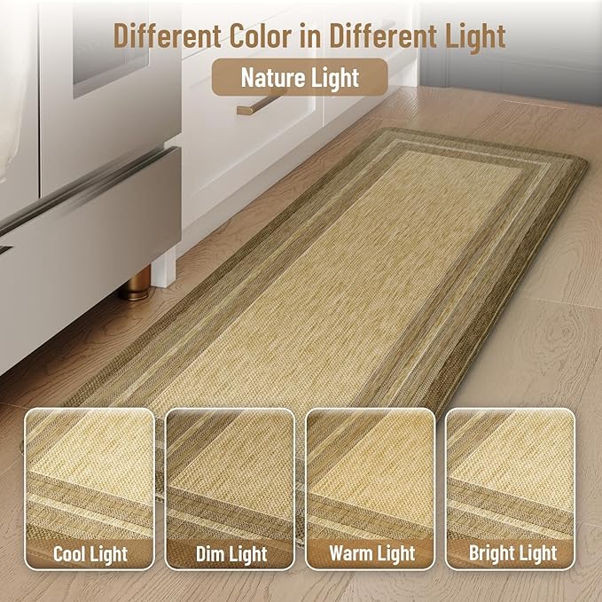 KIMODE Anti Fatigue Kitchen Mats for Floor, Farmhouse Kitchen Rugs Sets of 2, Cushioned Kitchen Floor Mats, Comfort Standing Mat for Sink Laundry Office Desk Brown/Khaki 17"x47"+17"x29"