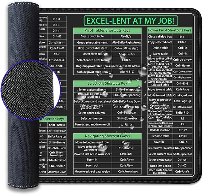 Large Extended Excel Shortcuts Mouse Pad Desk Pad,Excel Software Excel Shortcuts Mouse Mat,Stitched Edges Non-Slip Waterproof Rubber Base Mousepad for Office Desk Mat(27.5X11.8 in)