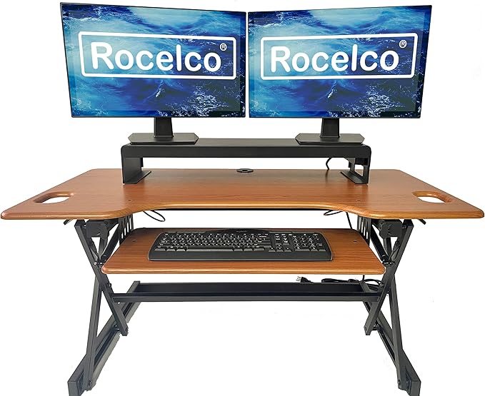 Rocelco 40" Large Height Adjustable Standing Desk Converter with Dual Monitor Stand BUNDLE - Quick Sit Stand Up Computer Workstation Riser - Retractable Keyboard Tray - Teak (R DADRT-40-DMS)