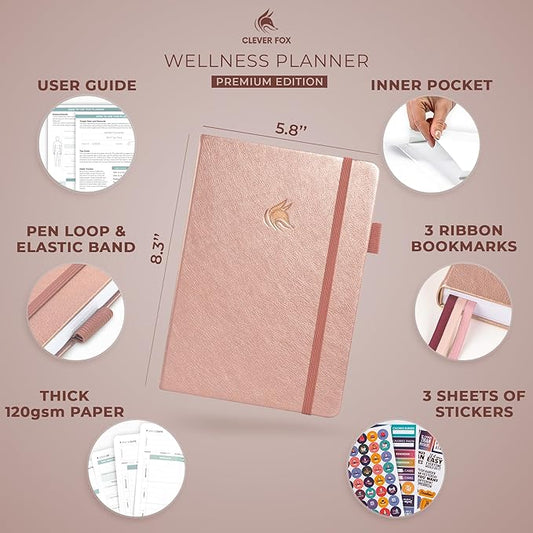 Clever Fox Wellness Planner - Weekly & Daily Health and Wellness Log, Food Journal & Meal Planner Diary for Calorie Counting, Notebook for Medical Condition Tracking, A5-Sized - Rose Gold
