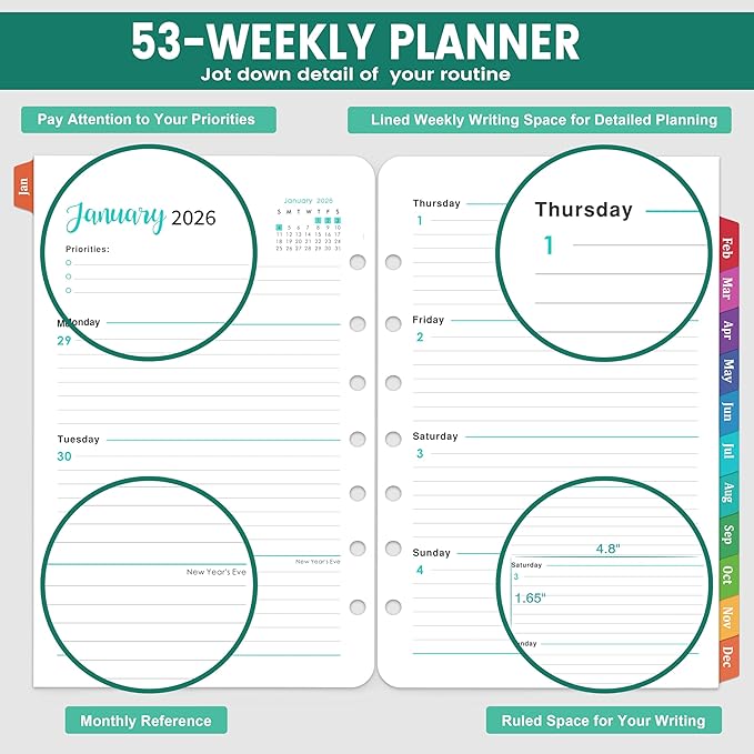 2026 Planner Refills - 7-Hole Punched Planner Refills 2026 with Colorful Tabs, JAN 2026 - DEC 2026, 5.5" x 8.5", A5 Planner Inserts, 2026 Weekly and Monthly Planner Refill with Monthly Pages & Weekly Pages - Dopamine Color