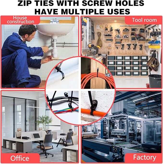 100 PCS Nylon Universal Cable Tie Buckle, Zip Ties With Screw Hole, with 50 PCS Screw Hole 75 lbs Mountable head Cable management Ties for Indoor & Outdoor Use